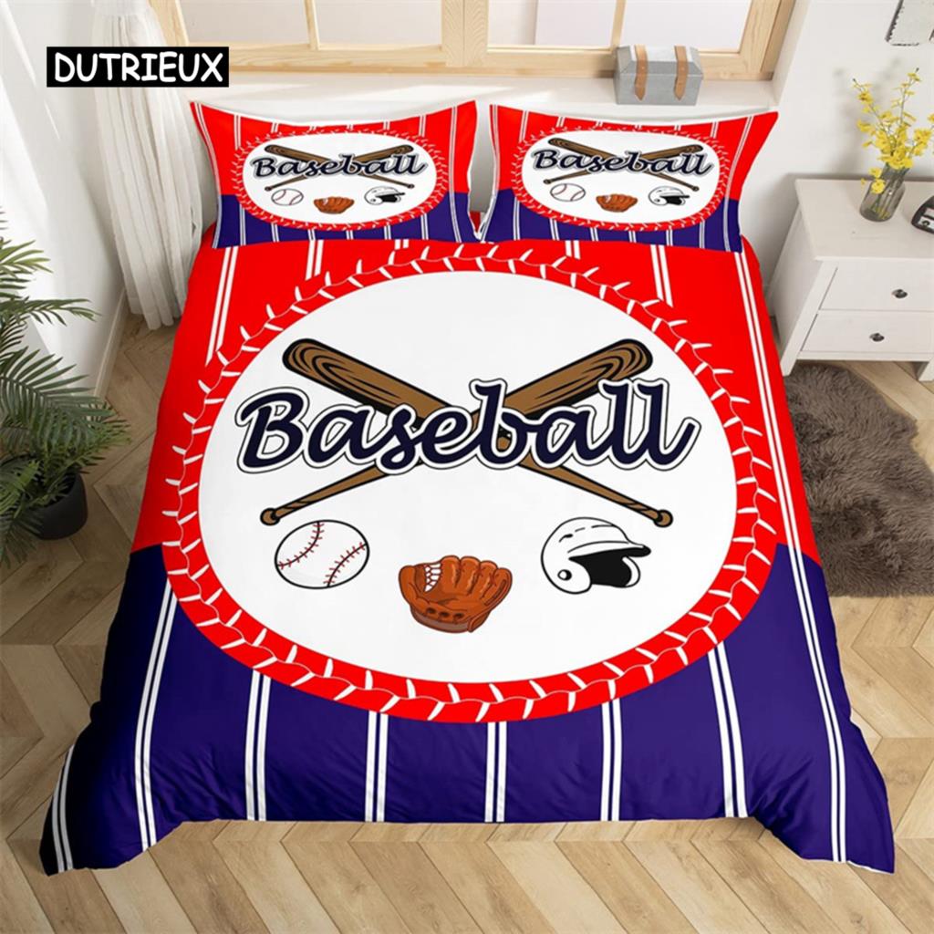Baseball Duvet Cover Polyester Sports Theme Bedding Set King Baseball Gaming Geometry Stripe Quilt Cover For Ball Lover Boy Girl