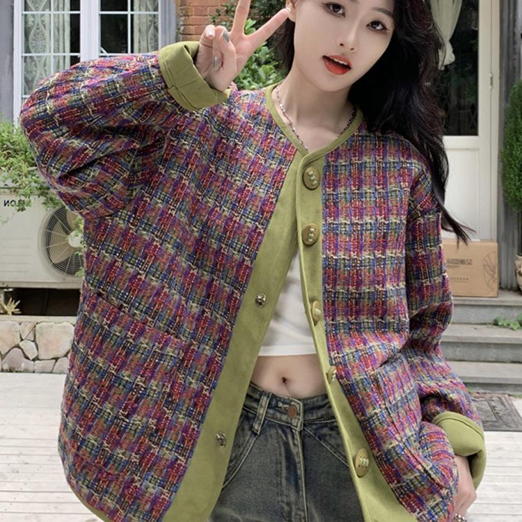 Plus Size Women's Spring 2025 Korean Plaid Tweed Coat - Loose, Slimming & Stylish