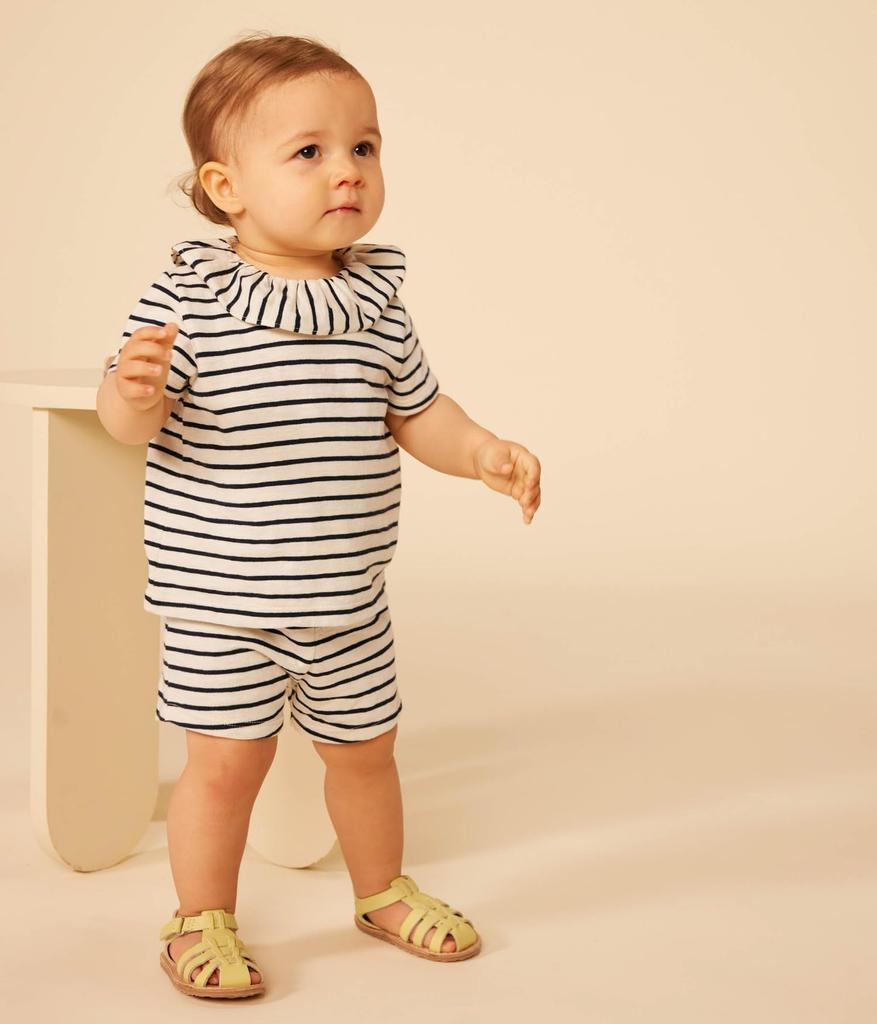 Bomullskant Kortermet Klippet og Sydd A09ZO Melkehvit 18 Måneder 81cm [Petit Bateau] Hvit/Marineblå
