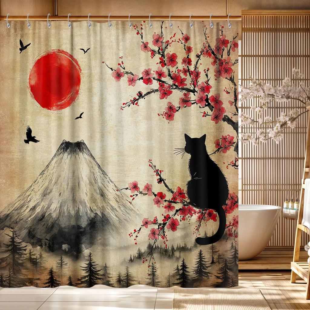Japanese Anime Shower Curtain,Cool Watercolor Japan Cherry Blossom Floral Mountain Asian Oriental Abstract Art Shower Curtain
