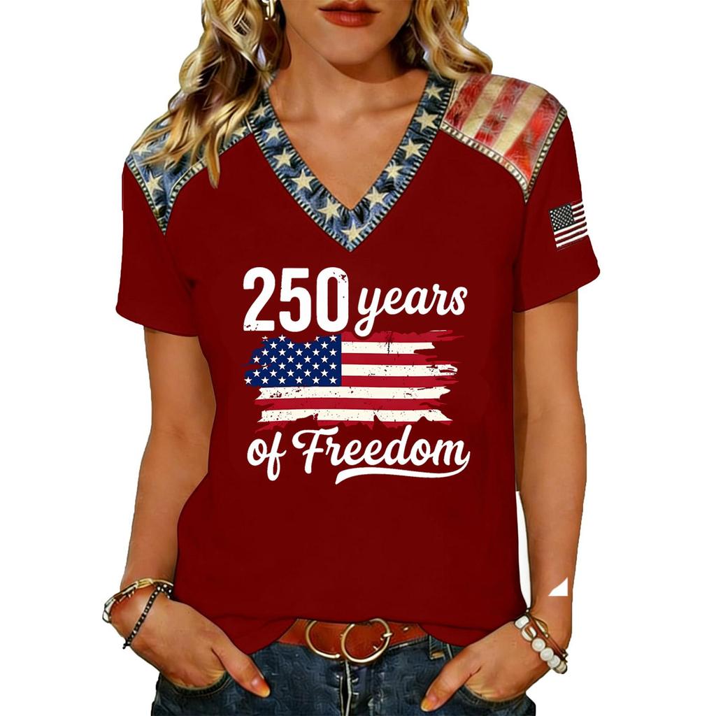Haut T-shirt Pull Col en V Manches Courtes pour Femme avec Impression Drapeau Coupe Ample Décontracté Confortable Design Léger pour un Usage Quotidien