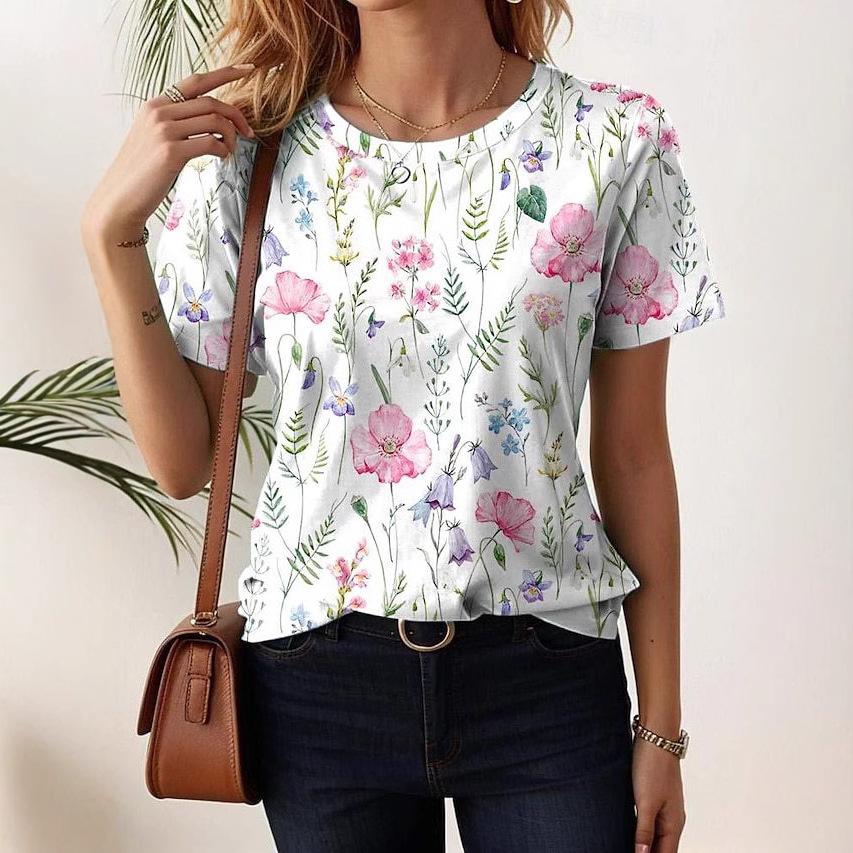 Casual and Versatile High-quality Flower Patterned Short Sleeved Round Neck Top Women's T-shirts