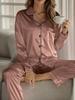 Women’s Satin Pajama Set - Solid Color, Long Sleeve Cardigan with Lapel, Long Pants, Versatile Home Wear for Autumn and Winter.