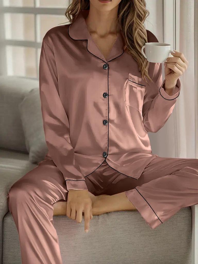 Women’s Satin Pajama Set - Solid Color, Long Sleeve Cardigan with Lapel, Long Pants, Versatile Home Wear for Autumn and Winter.