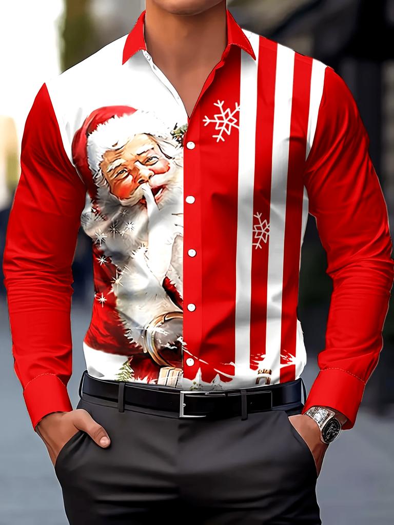 Christmas Style Printed Men's Casual Comfortable Long Sleeve Shirt, Holiday Apparel, Festive Outfit, Long Sleeve Top