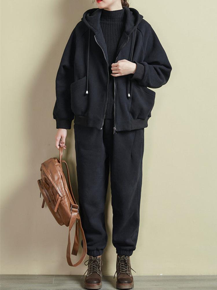 Autumn Winter Retro Loose Thickened Sportsuit Women Elegant Fleece Casual Hooded Sweatshirt Y2k 2-piece Set Fashion New Clothes