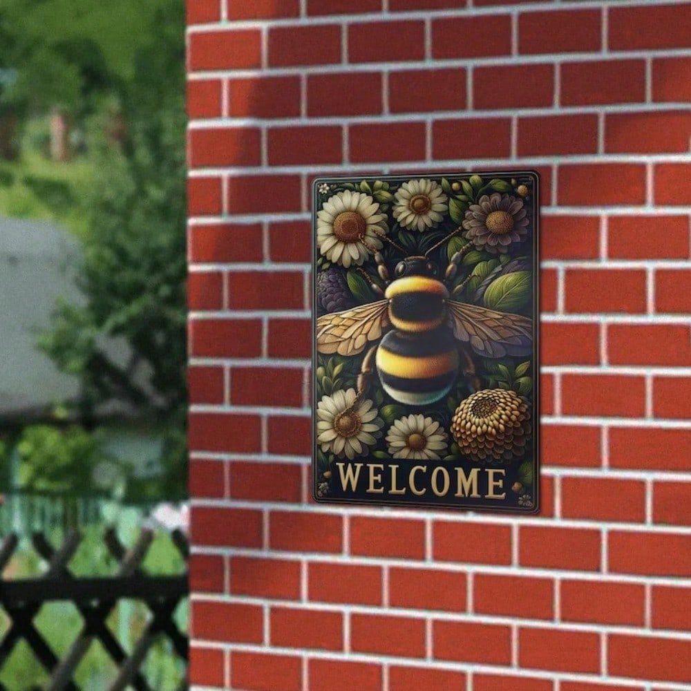 Bee Floral Garden Welcome Sign Wall Art Metal Outdoor Tin Rustic Decoration