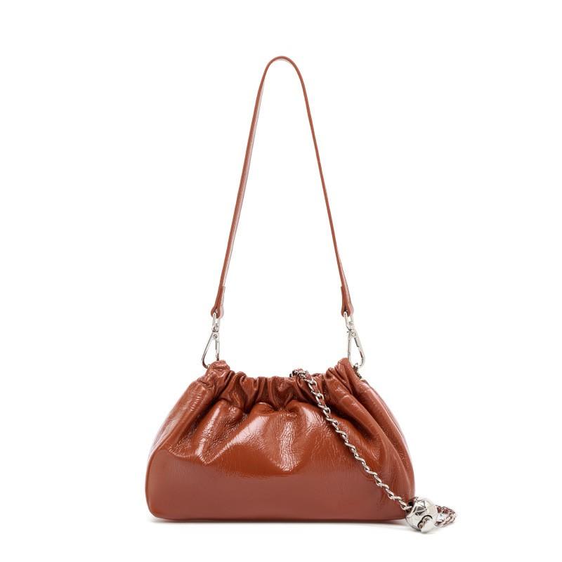 Little Golden Ball Chain Wrinkled Cloud Bag Handbill Shoulder Underarm Black Leather Design Unique Crossbody