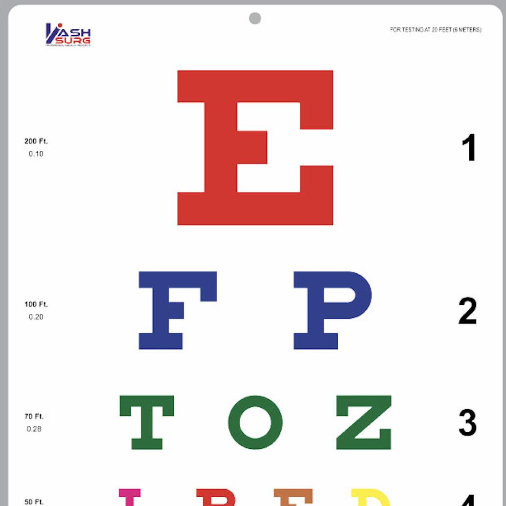 

Традиционная таблица цветового зрения Снеллена с красными и зелеными полосками. Тест остроты зрения на расстоянии 6 м или 20 футов. L белый