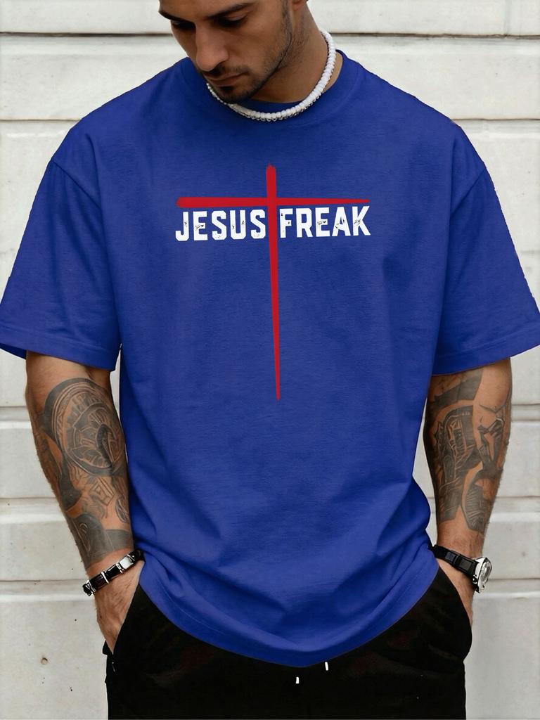 Jesus Freak Red Cross Graphic Unisexs Oversized T Shirt Christian Faith Short Sleeve Soft Cotton Casual Daily Streetwear For Guys