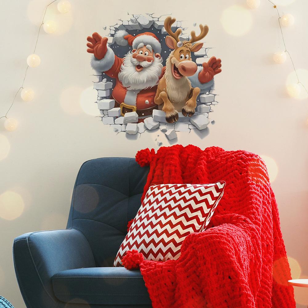 Broken Wall Santa Claus and Elk Living Room Entrance Hall Home Festival Beautification Wall Stickers