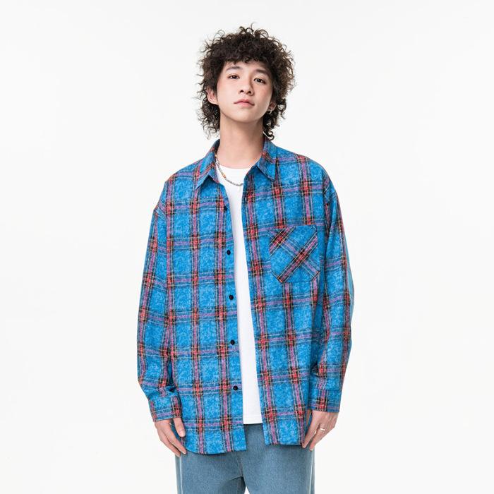New Japanese Mid-length Shirt for Spring for Men's Fashion Trend Casual Plaid Shirt