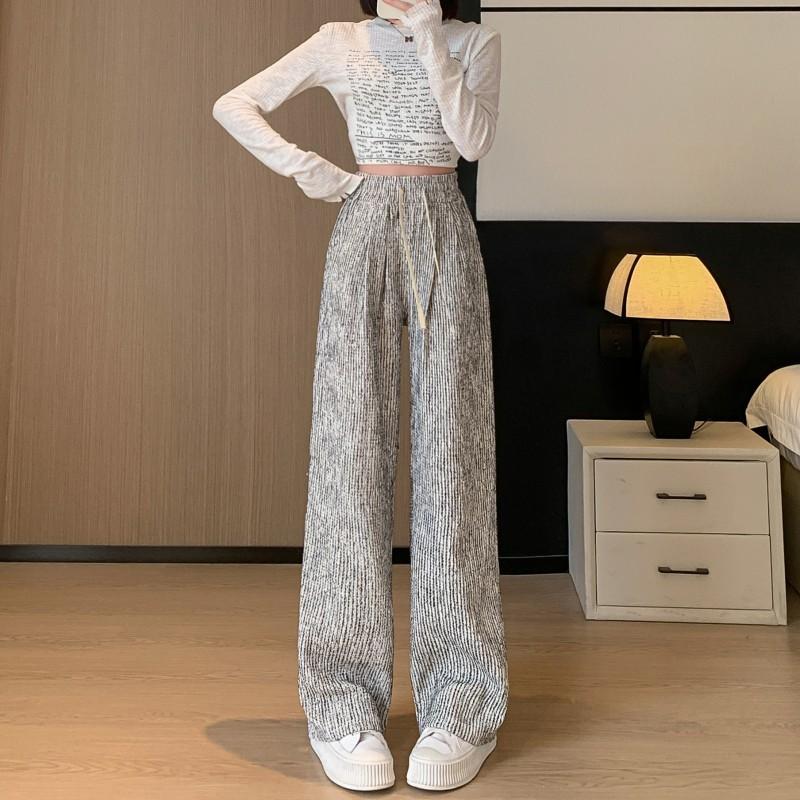 

Spring retro lazy straight casual pants women s high waist loose striped wide leg pants mopping pants XL белый