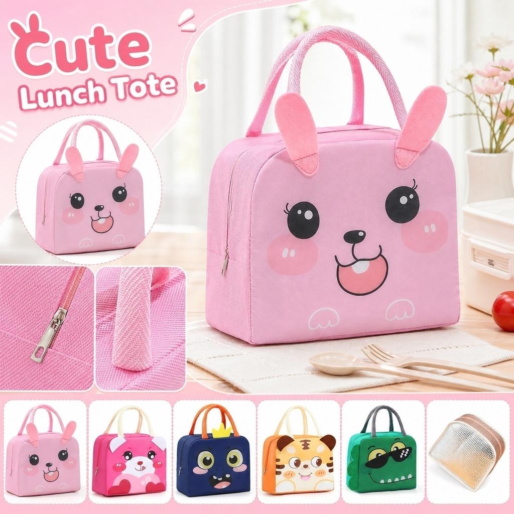 Oxford Cloth Cartoon Insulated Lunch Bag Portable Handheld Zipper Lunch Box for Kids and Adults Durable Lightweight Lunch Tote