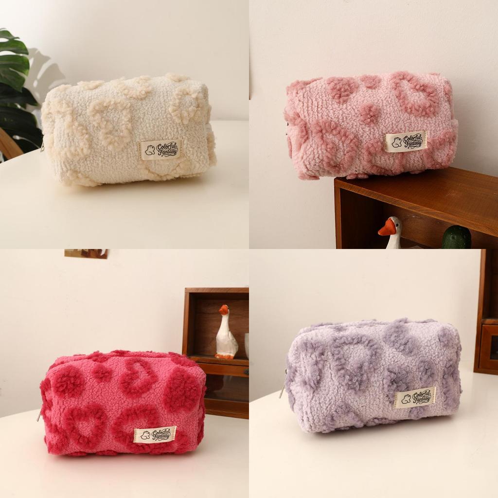 Plush Girl Heart Makeup Bag Portable Travel Storage Organizer With Hanging Loop For Students