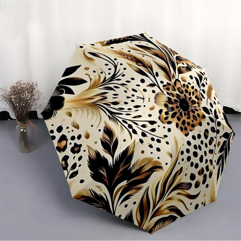 1pc Leopard Floral Automatic Folding Umbrella with 8-Rib Windproof Design, Portable Foldable Sunshade Umbrella For Halloween 010