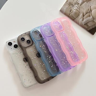 Hülle mit gewelltem Rahmen für iPhone 16 Pro 15 14 Plus 13 12 Pro Max 11 Stoßfest Transparent Hybrid Tropfkleber Glitzer Bumper-Abdeckung