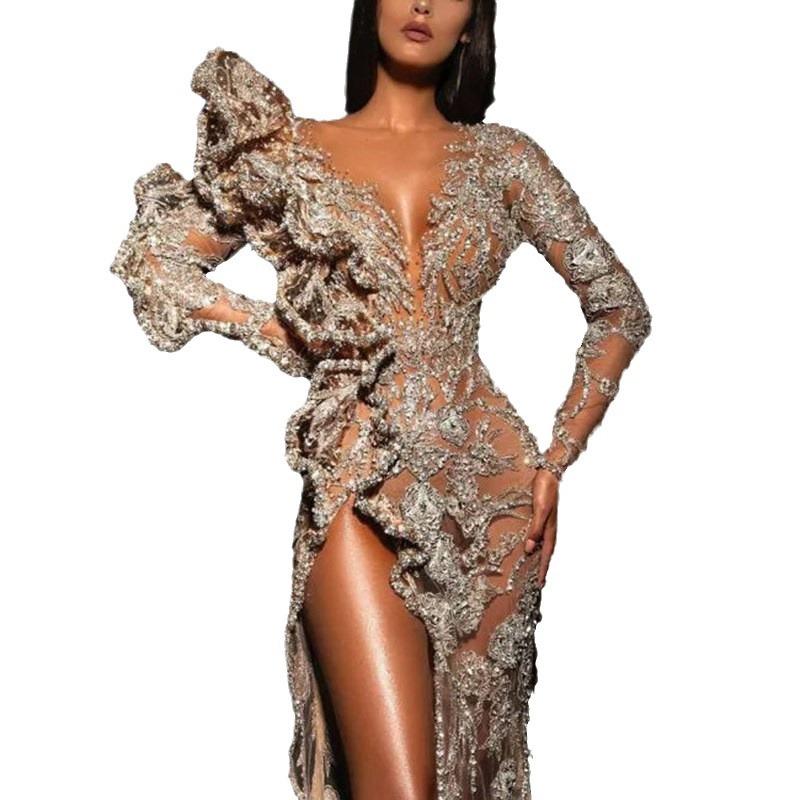 1011 Nouvelle Robe Européenne et Américaine Transfrontalière pour Femmes Manches Longues Traîne Col en V Asymétrique Dorée Robe de Banquet