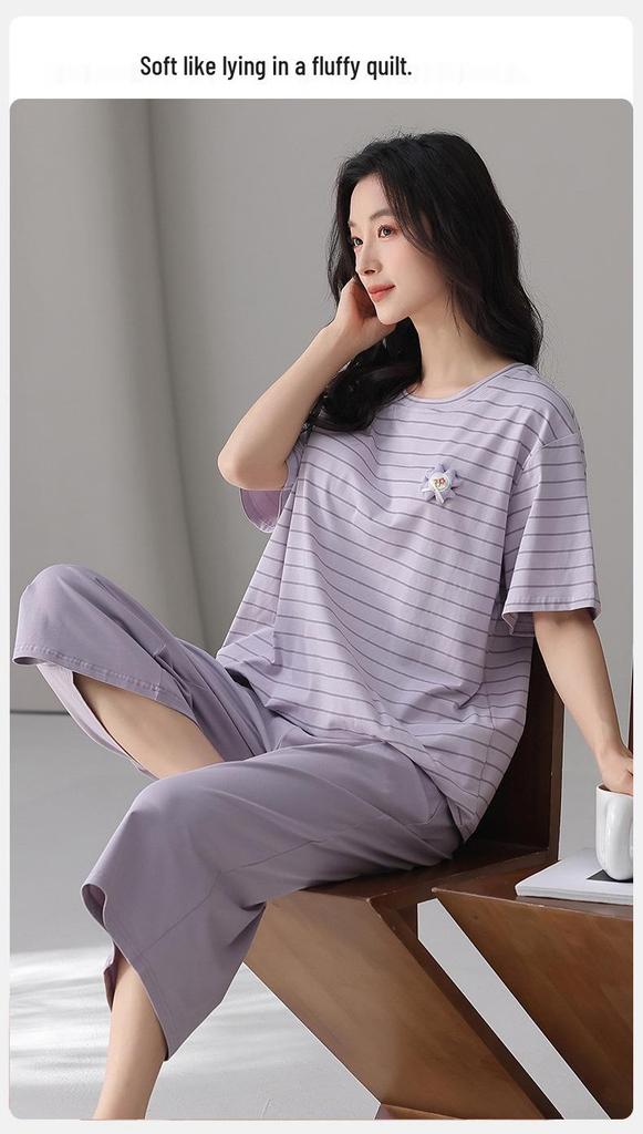 Women's Pure Cotton Pajama Set with Built-in Bra, Short Sleeve Top & 7/8 Pants - Sweet Summer Homewear.
