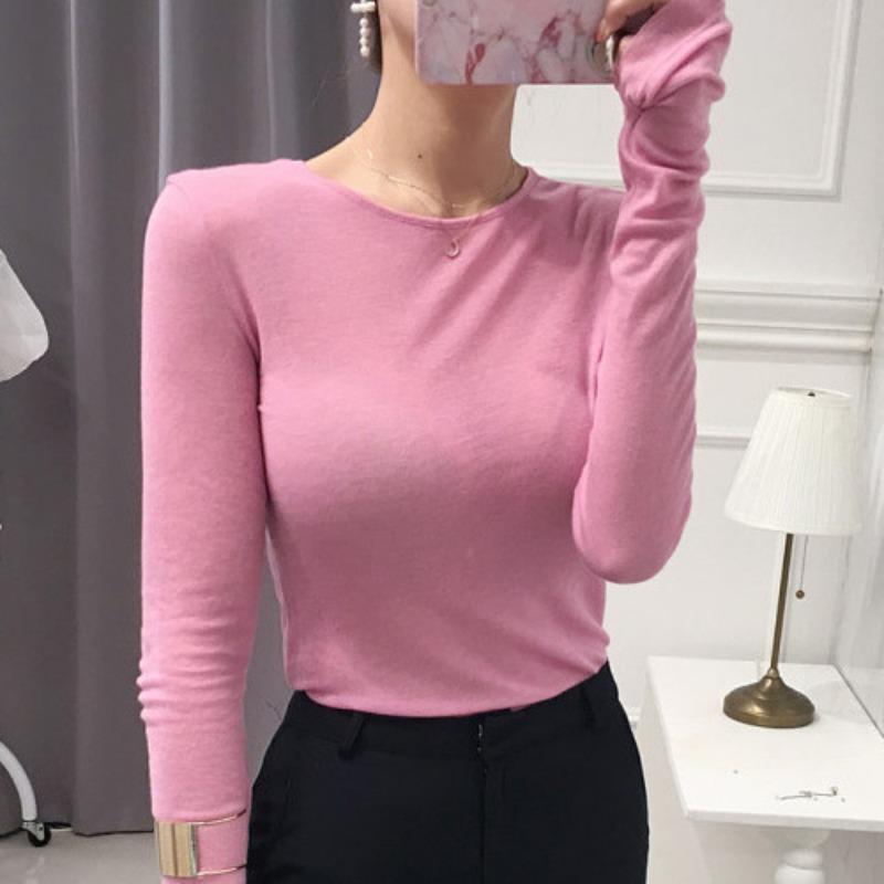 Koreanisches Damen Slim Sexy Base Layer Oberteil Herbst Dünn Dehnbar Leicht Durchsichtig Brustformend Einfarbig Vielseitiges Langarm T-Shirt