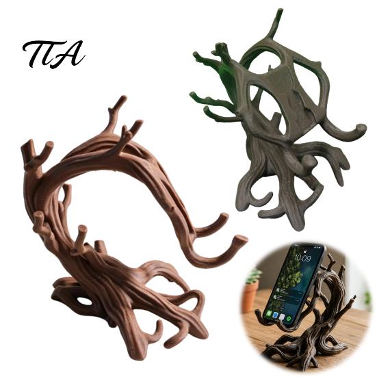 Stable Desk Accessories 3D Printed Tree Branch Phone Stand, Artistic Twisted Wood Holder Unique Root Ornament for Cell Phone, Rustic Organic