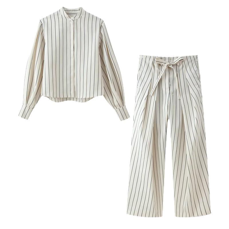 Women's Fashion Striped Fluffy Sleeve Shirt & Pants Set - 2026 Trending Style