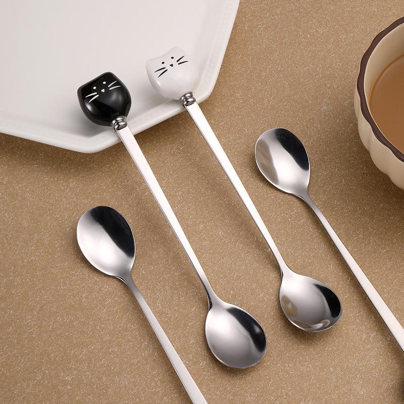 Cartoon Ceramic Spoon Ceramic Black And White Cat Spoon Ice Cream Spoon Stainless Steel Coffee Spoon