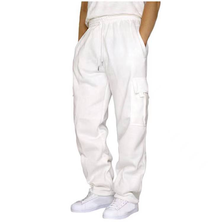 New Sports and Leisure Trousers, Fleece Tied Feet, Multi-pocket Tethered Men's Loose Overalls