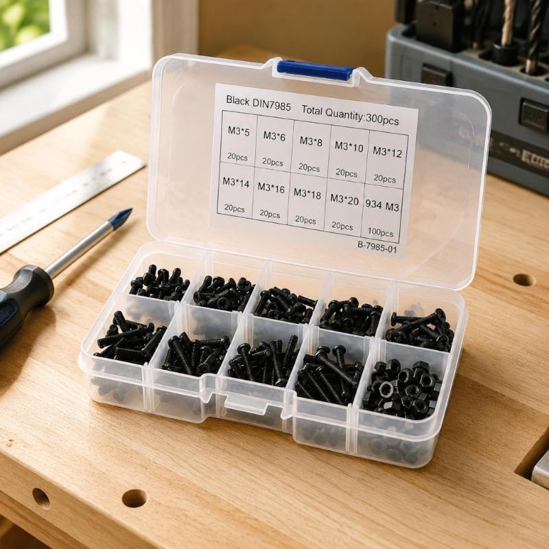 300-Piece Pan Head Machine Screw Assortment with Matching Threaded Hardware, Black Fasteners In a Divided Storage Case for Assembly and Repair Tasks