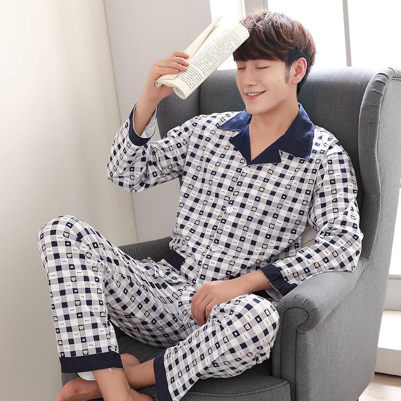 

Піжами Чоловічі бавовняні весняно-осінні піжами з довгими рукавами для чоловіків Осінньо-зимові молодіжні та літні тонкі літні домашні костюми для середнього віку XXXL