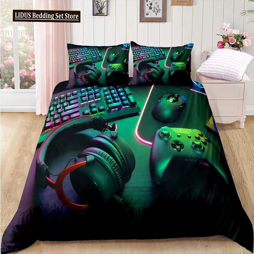 Gamer Duvet Cover Set Rotating Music Comforter Cover Gamepad Gaming Bedding Set For Boys Headphone Bedspreads Cover Queen Size