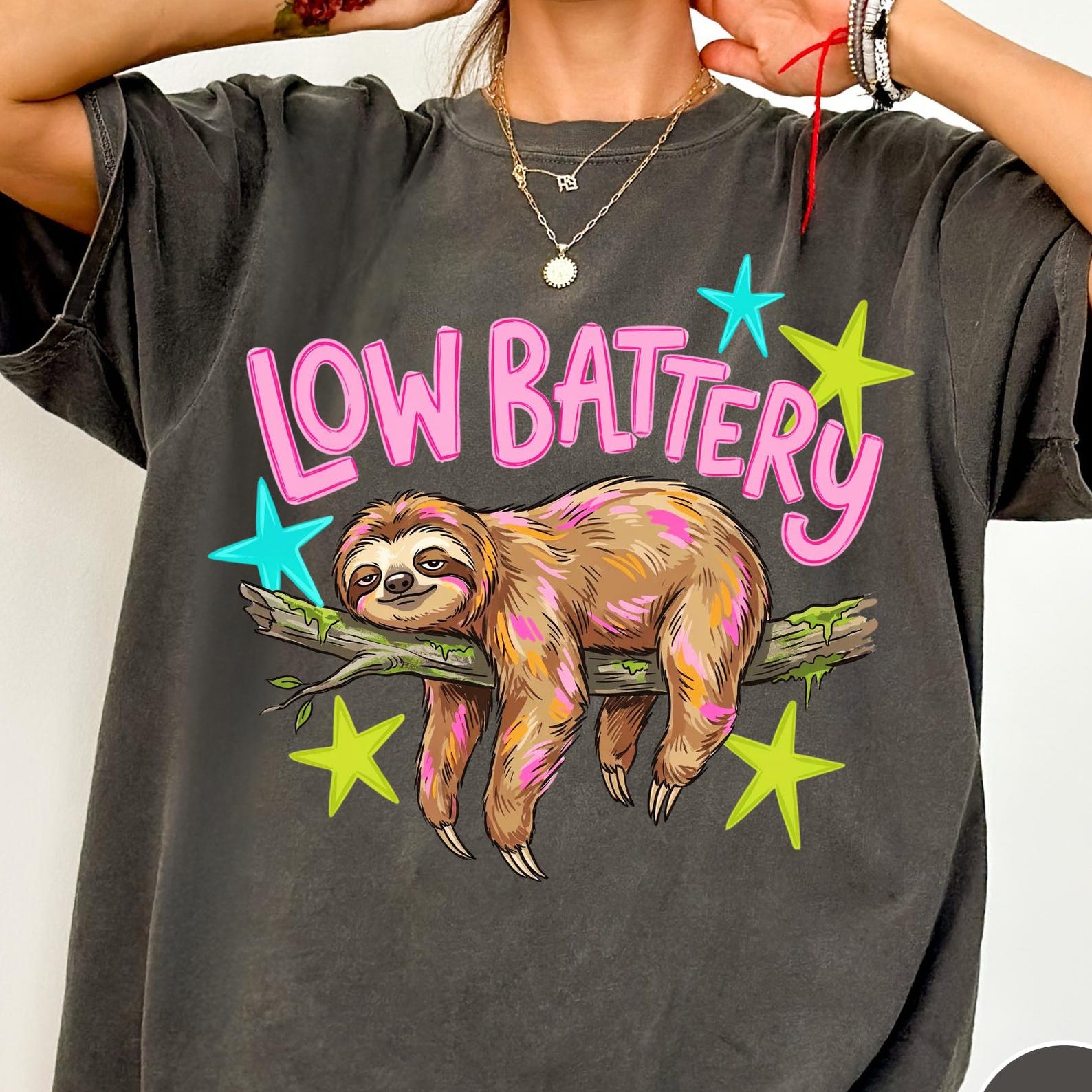 Funny Sloth Shirt, Low Battery T-Shirt, Cute Lazy Tee, Retro Preppy Sloth Shirt, Relatable Humor Comfort Colors® Shirt, Sloth Lover Gift L
