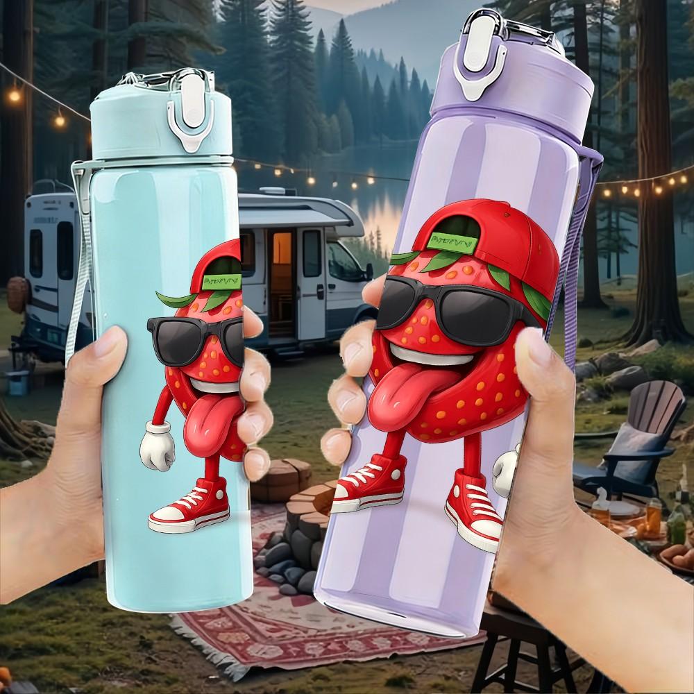 1PC Cool Strawberry Character Cartoon 750ml Color Plastic Sports Water Bottle Leakproof Flip Straw Lid Suitable for Sports Office Home Use