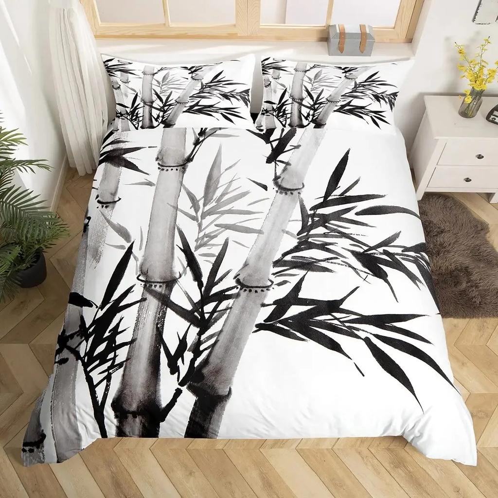 Bamboo Duvet Cover Set Bamboo Branches Bedding Set Tree Print Comforter Cover Luxury Retro Floral Style Quilt Cover Queen Size
