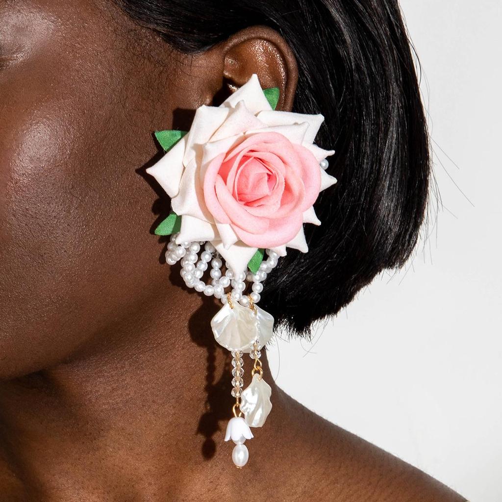 New Fresh Fabric Colored Large Flower Earrings for Women Jewelry Sweet Rice Beads Long Tassels Leaf Earrings Female Earrings