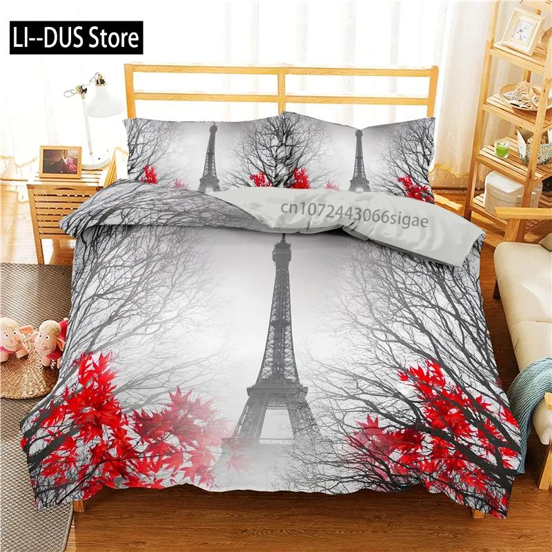 Comforter Eiffel Tower King Size Paris Tower Bedding Set Microfiber French Style Home Decor Grey Cityscape