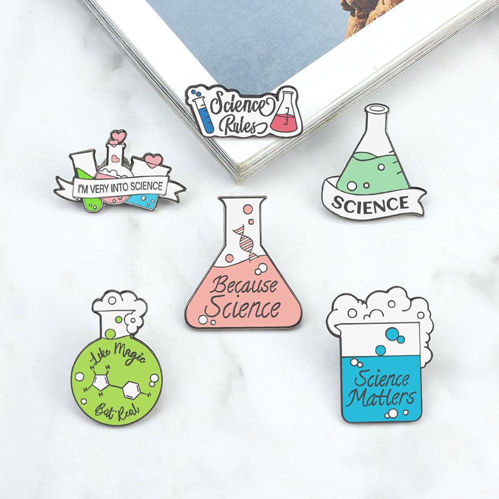 Cartoon Science Brooch Cute Funny Chemical Scientific Experiment Test Tube Beaker Enamel Pin for Student Bag Lapel Badge Jewelry