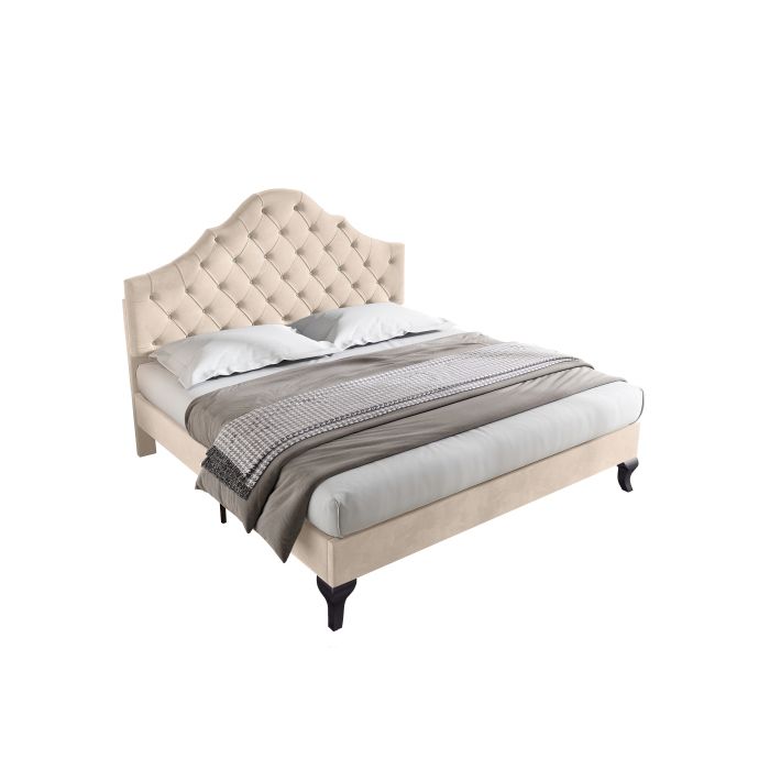 Lit Tapissé - MUVOE - 140x190 Cm - Velours Beige - Tête De Lit Réglable - Sommier À Lattes