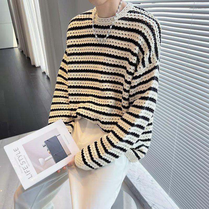 Men s Korean Style Retro Color Block Stripe Knitwear with Hollow-Out Design L