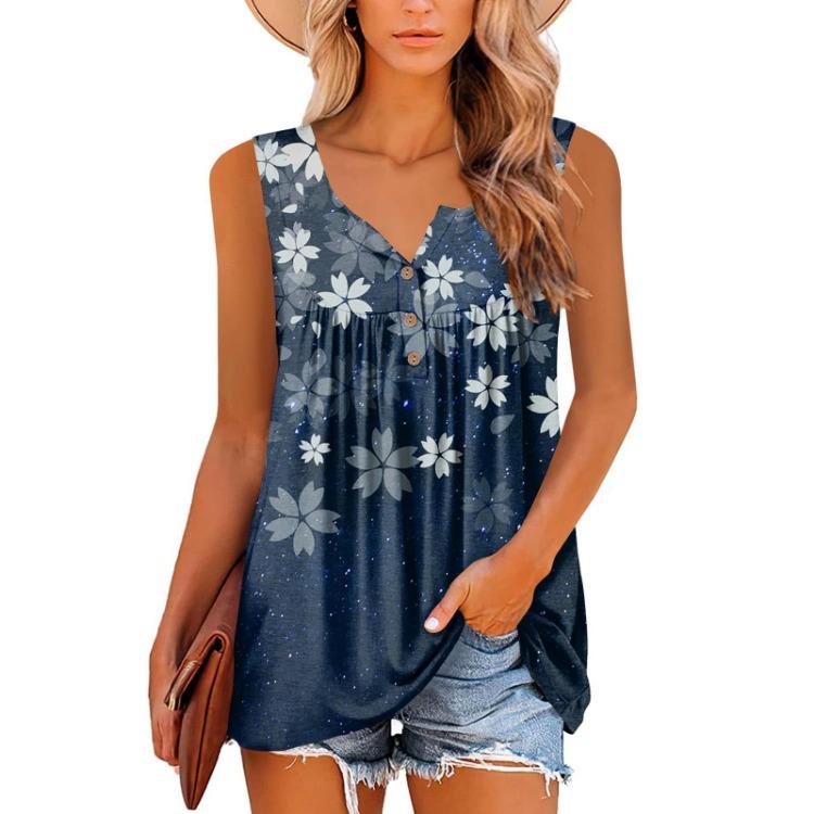 Floral Print Women's Casual Sleeveless Pleated Button Vest T-shirt Top