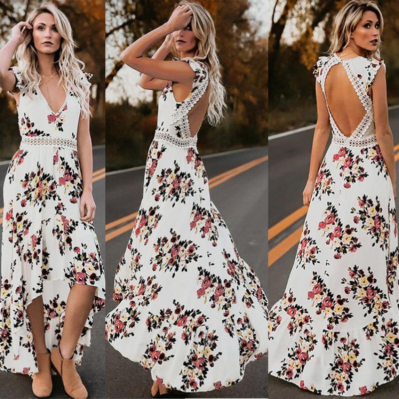 2026 New Women's Dress Sleeveless, Printed Irregular, Lace, Backless, Waist Cinching Long Gown Floral Print Dresses with Backless and Slit Design
