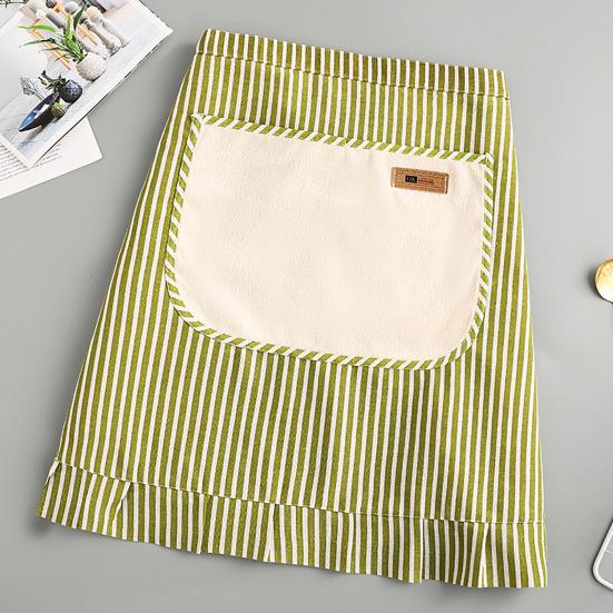 Mezzo Grembiule con Orlo Arricciato Grembiule con Pettorina Regolabile Tasca Grande Design a Righe Traspirante Grembiule da Vita in Cotone-Lino per Cucina, Cottura, Giardinaggio