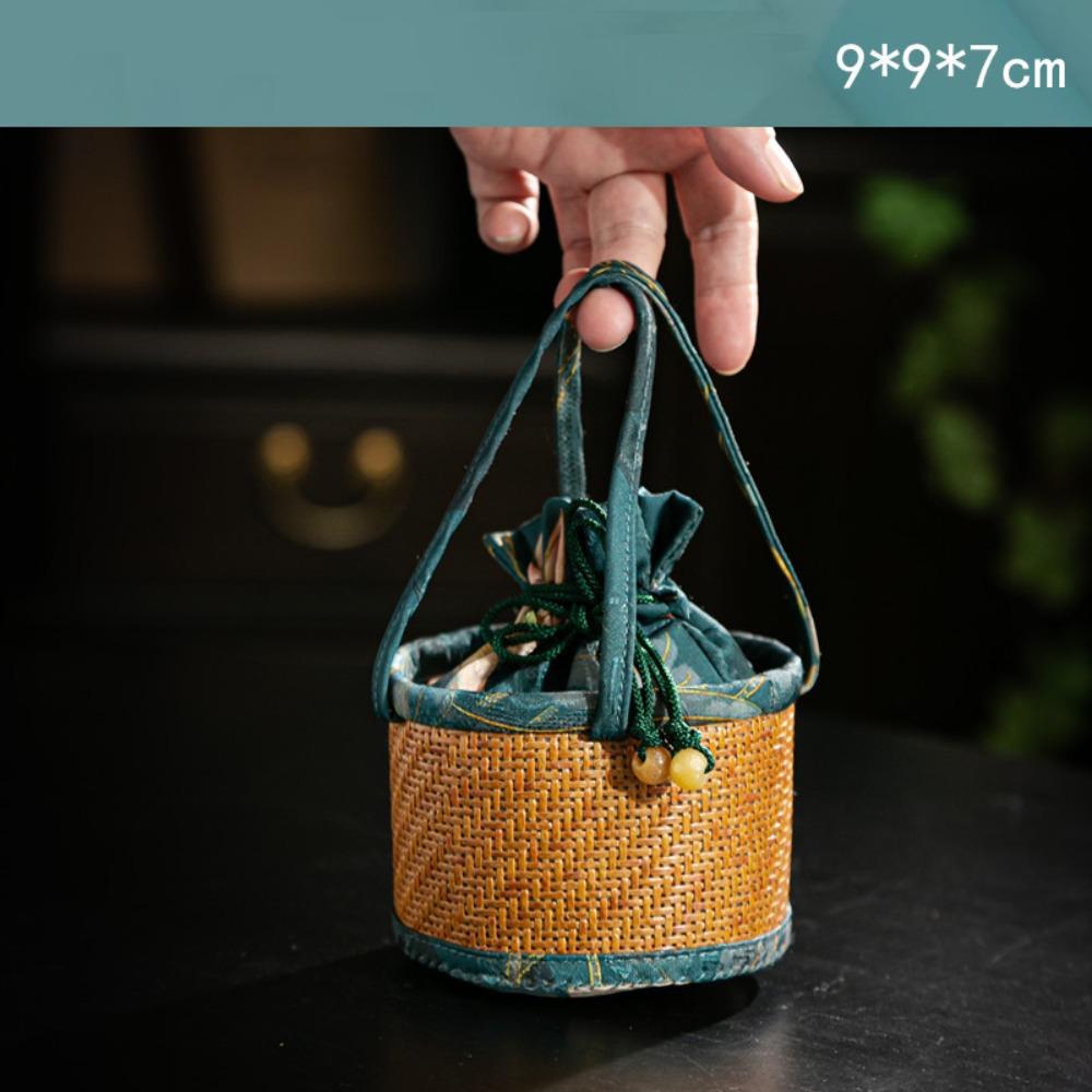 Handmade Spliced Drawstring Pocket with Handle Teapot Bag Rattan Pattern Storage Bag  For Small Cup
