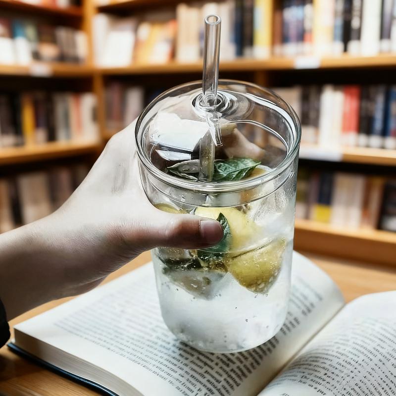 450ML Dome-shaped glass with a glass straw jar-shaped glass beer mug iced coffee mug DIY beverage set water bottle with straw 0.45L