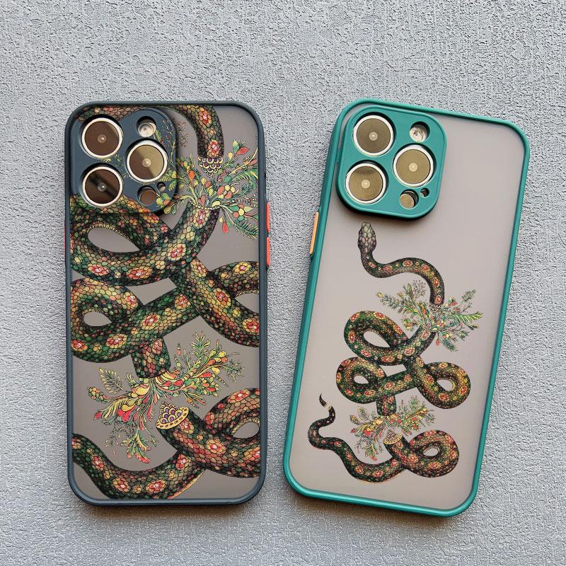 Snake Graphic Flower Phone Case For iPhone 13 Mini 12 11 Pro Max 16 15 14 Pro Max XS XR X 7 8 Plus SE2 Shockproof Matte Covers