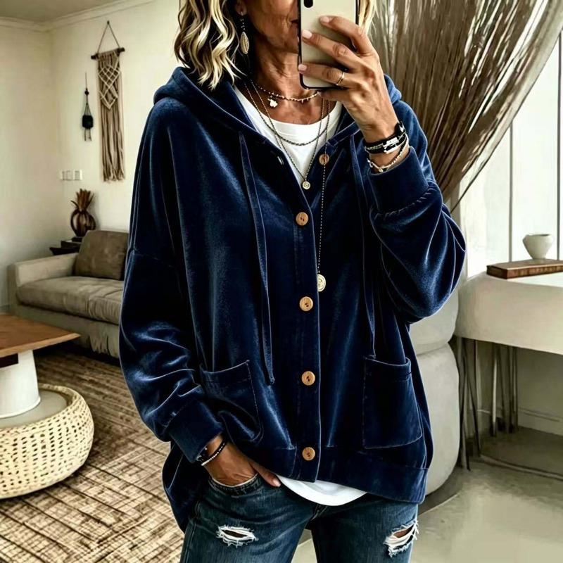 Women Solid Color Button Hooded Velvet Long Sleeve Casual Cardigan Coat