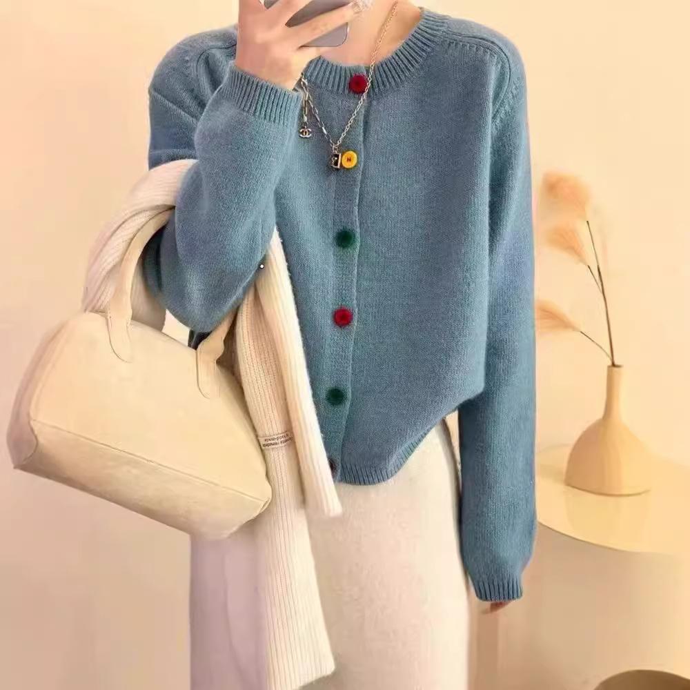 French Color Button Sweater Cardigan Jacket Women's Spring/Autumn/Winter Round Neck Inner Short Top Soft and Sticky Knitted Sweater