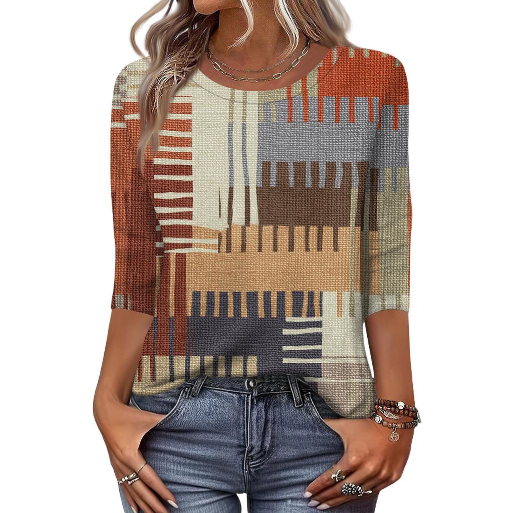 Women's Fashion Casual Three-Quarter Sleeve Floral Print Round Neck Top