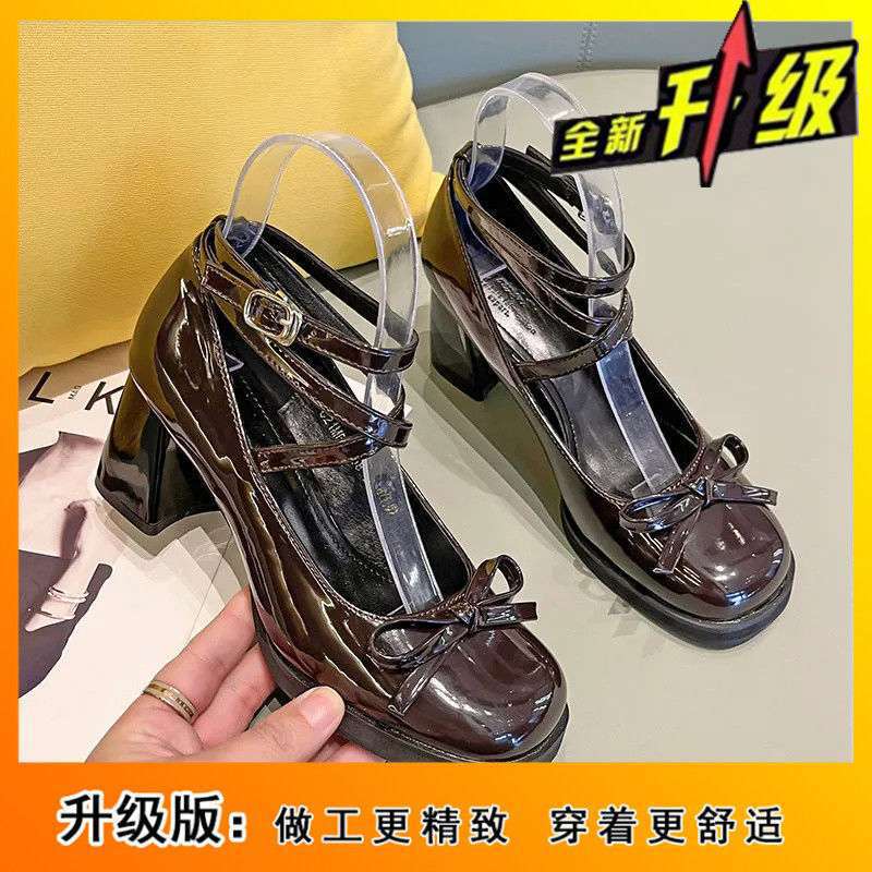 Cross-strap bow Mary Jane shoes British style small leather shoes women's 2025 spring new high-heeled thick-heeled single shoes