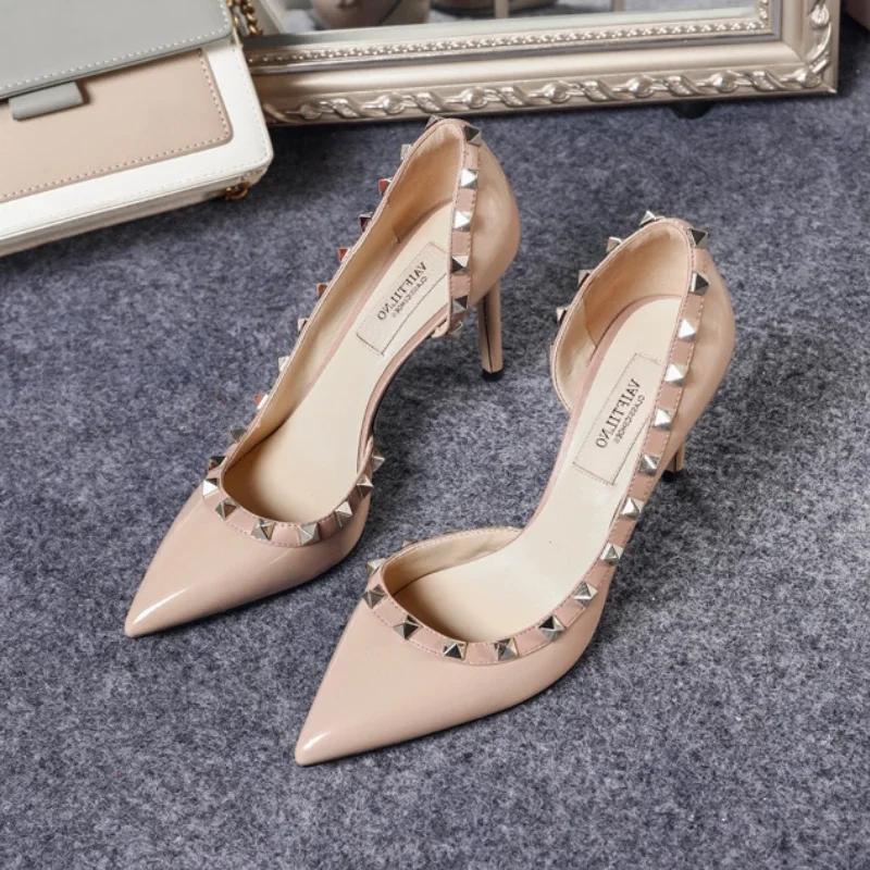 Fashion 2025 Women's High Heels Summer New Leather Pointed Shallow Rivet Sandals Fashion Temperament Professional Stiletto Heels
